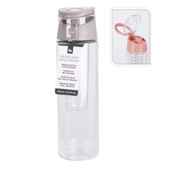 EXCELLENT HOUSEWARE plastmasas ūdens pudele ar filtru 700ml, gaiši pelēka